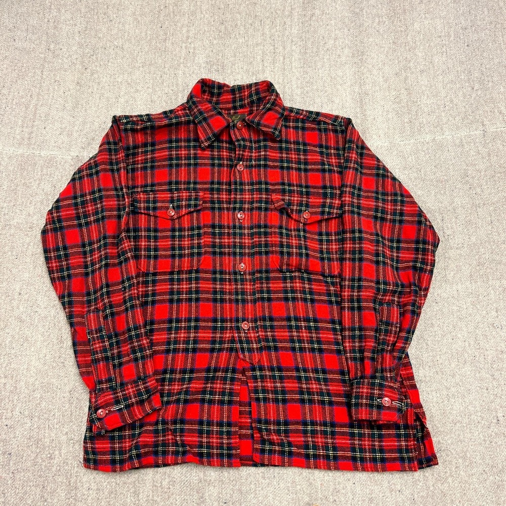 Vintage‎ Pure Wool Flannel Shirt Mens Medium Red 1940s Canada Plaid Long Sleeve